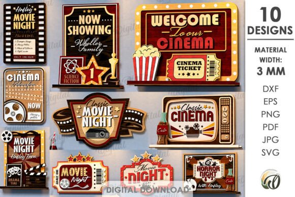Retro Sinema Temalı 10 Parça Lazer Kesim Tasarımı tasarım önizlemesi