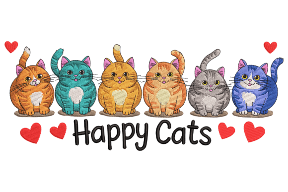 Happy Cats Sevimli Kedi Nakış Deseni tasarım önizlemesi
