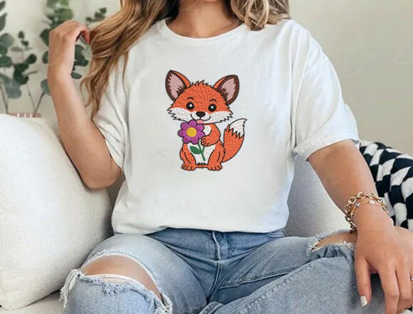 Sevimli Çiçekli Tilki Nakış Deseni tasarım önizlemesi