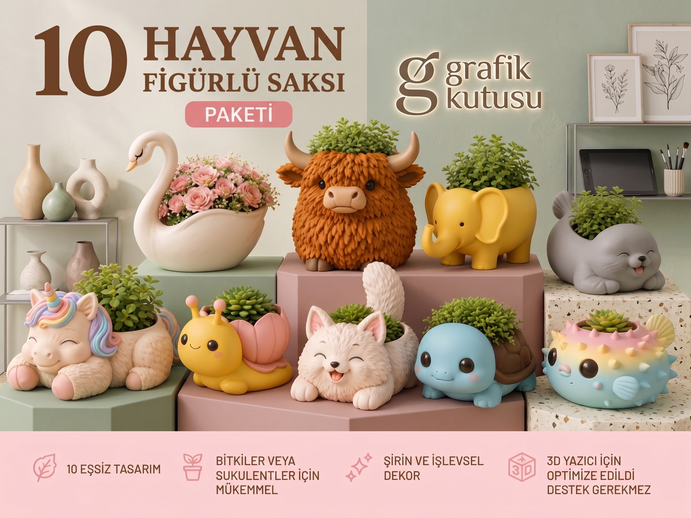 3D Baskı Hayvan Saksıları 10 adet - 3D Baskı İndir (SVG, PNG, ZIP)