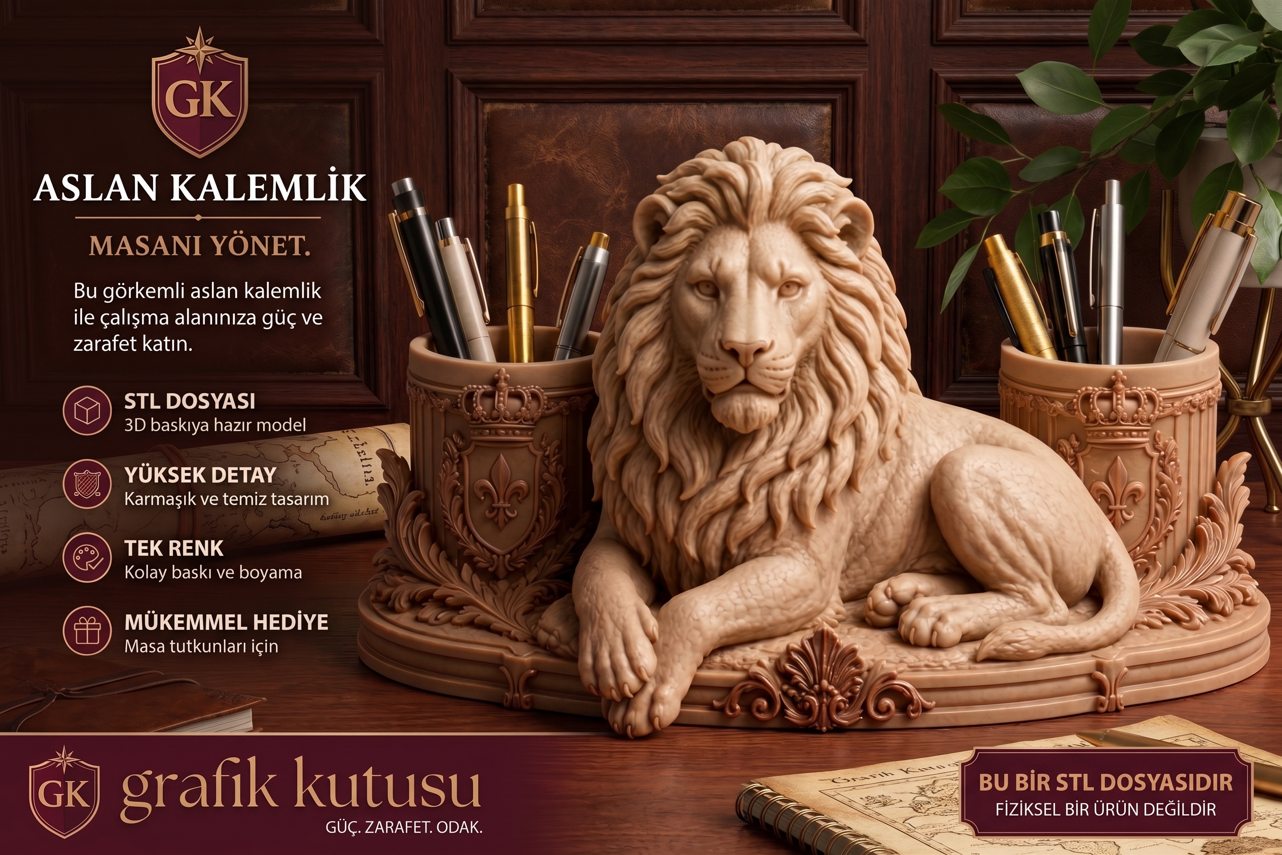 3D Aslan Figürlü Kalemlik tasarım önizlemesi