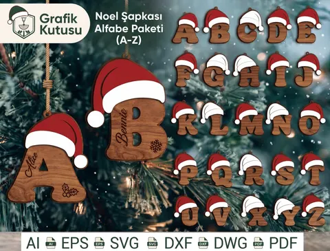 Noel Alfabesi Süsleri (5 Tasarım) - Lazer Kesim ve Çizim Dosyası (SVG, DXF, EPS, AI, DWG, PDF) - Lazer Kesim Dosyaları İndir (DXF, SVG, AI)