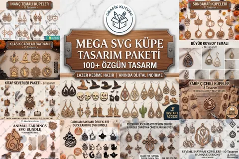 Küpe Mega Paketi (15 Tasarım) (Model 2) - Lazer Kesim ve Çizim Dosyası (SVG, DXF, EPS, AI, PDF, PNG) - Lazer Kesim Dosyaları İndir (DXF, SVG, AI)