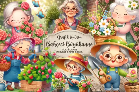 Bahçıvan Büyükanne Çizimleri (26 Tasarım) - Dijital Grafik Dosyası (PNG) - İllüstrasyonlar İndir (SVG, PNG)