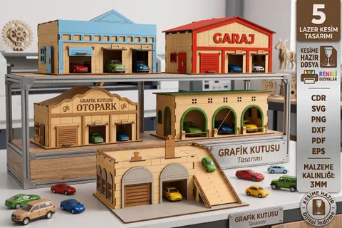 Ahşap Araba Garajı ve Otopark Seti - Lazer Kesim ve Çizim Dosyası (SVG, DXF, EPS, CDR, PDF, PNG) - Lazer Kesim Dosyaları İndir (DXF, SVG, CDR)