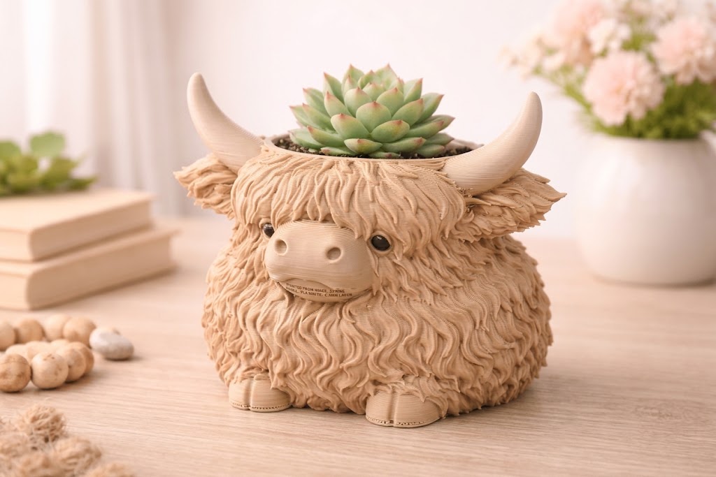 İskoç İneği (Highland Cow) Çiçek ve Sukulent Saksısı 3D Baskı Dosyası | Sevimli Hayvan Figürlü Saksı STL Modeli | Dijital İndirme tasarım önizlemesi