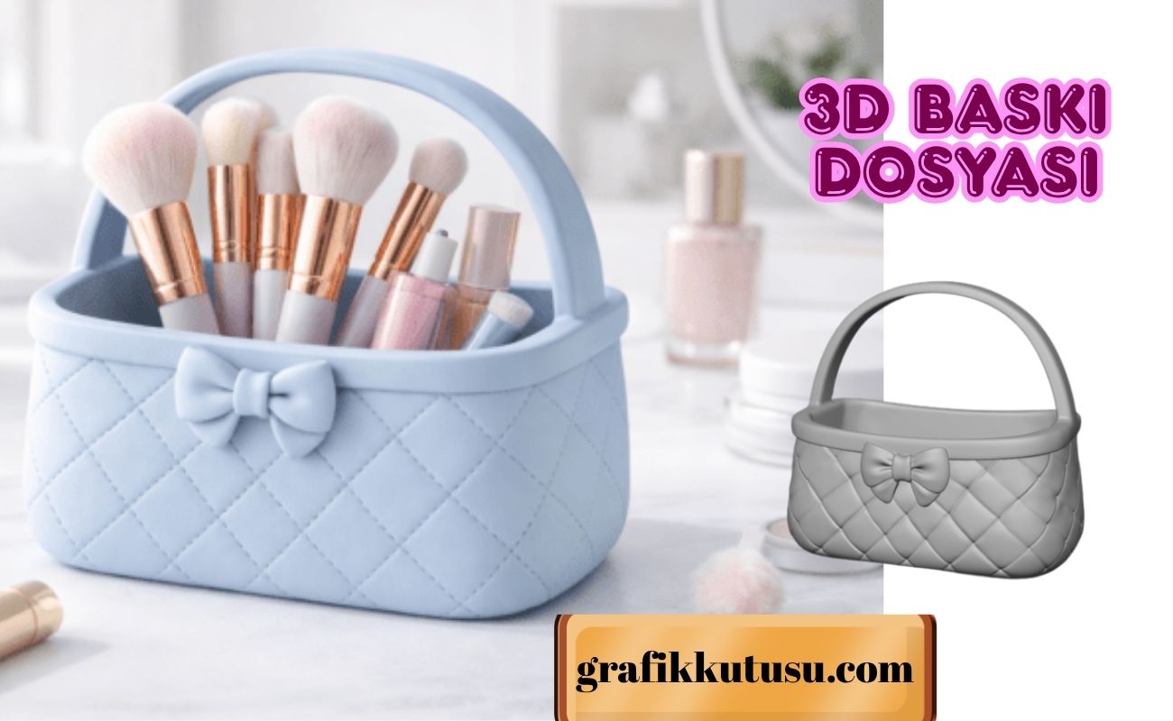 Fiyonklu Baklava Desenli Çanta Şeklinde Makyaj Fırçalığı ve Düzenleyici 3D Baskı Dosyası | Mini Sepet Masa Üstü Organizer STL Modeli | Dijital İndirme - 3D Baskı  İndir (STL, SVG, PNG)