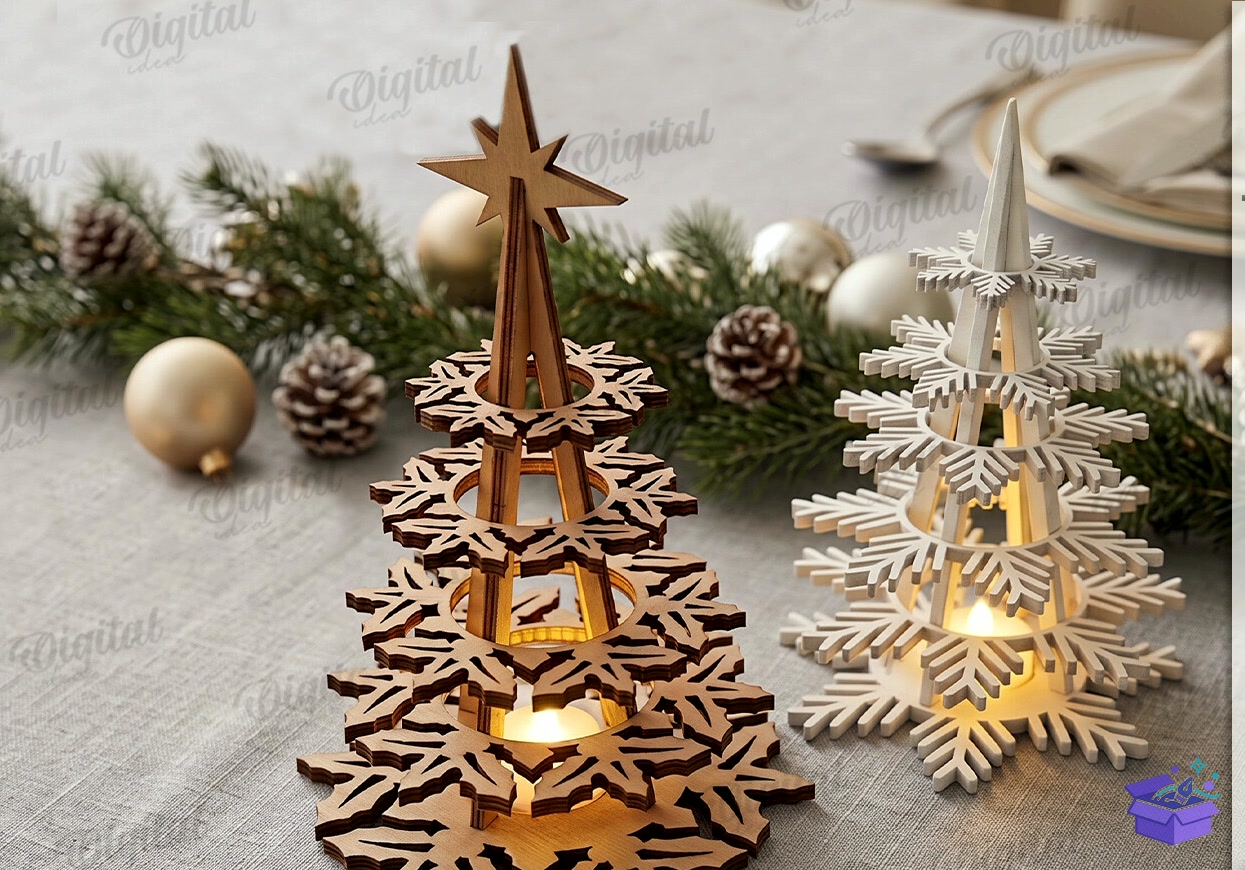 Noel Ağacı Şeklinde Mum Tutacakları Seti - Tasarım Çizim Dosyası (SVG, DXF, EPS, PNG) önizleme 2