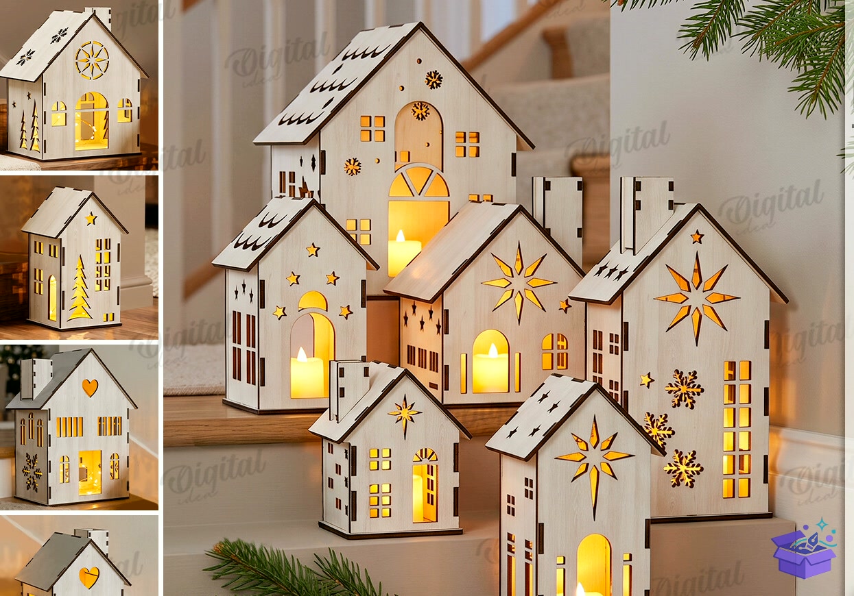 Noel Evi Fenerleri Paketi Lazer - Tasarım Çizim Dosyası (SVG, DXF, EPS, PNG) - Lazer Kesim Dosyaları İndir (DXF, SVG, EPS)