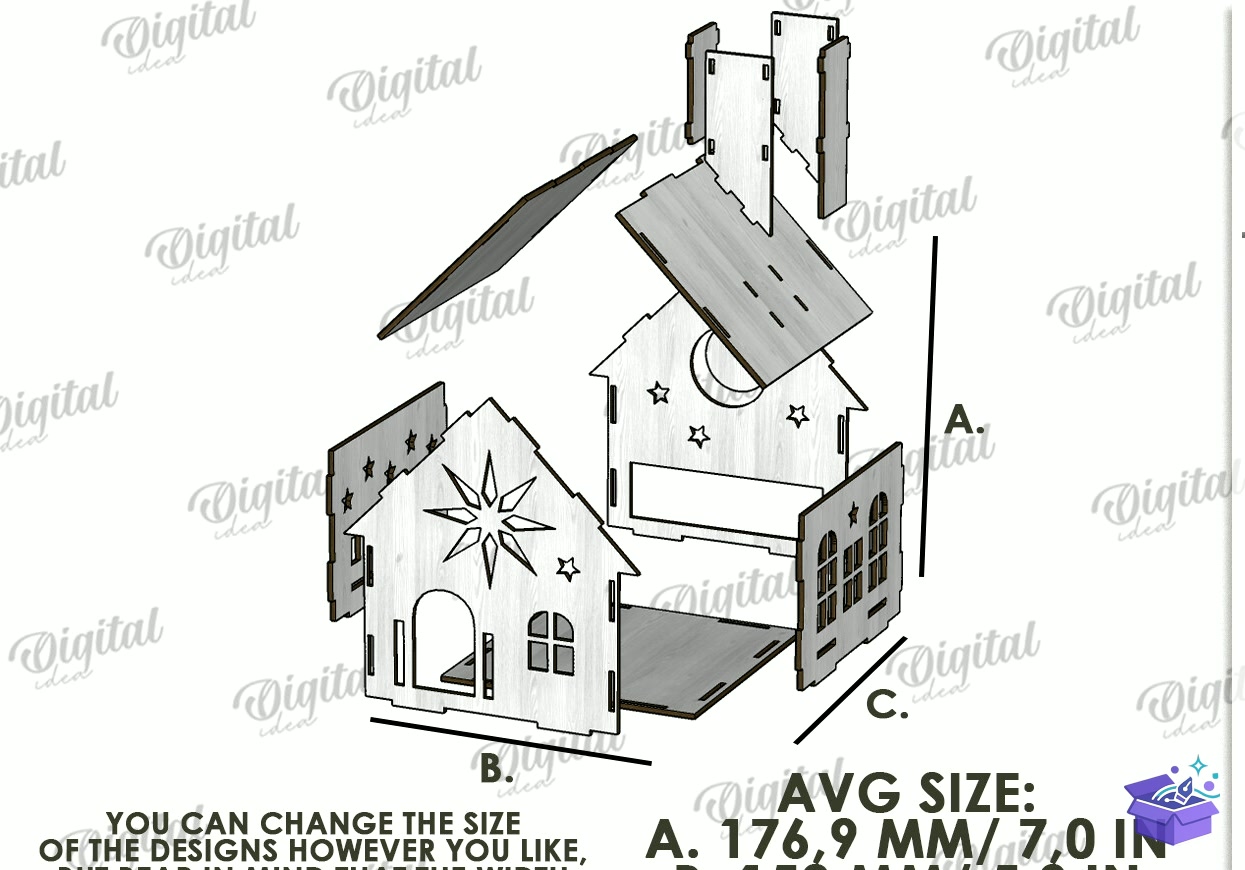 Noel Evi Fenerleri Paketi Lazer - Tasarım Çizim Dosyası (SVG, DXF, EPS, PNG) önizleme 3