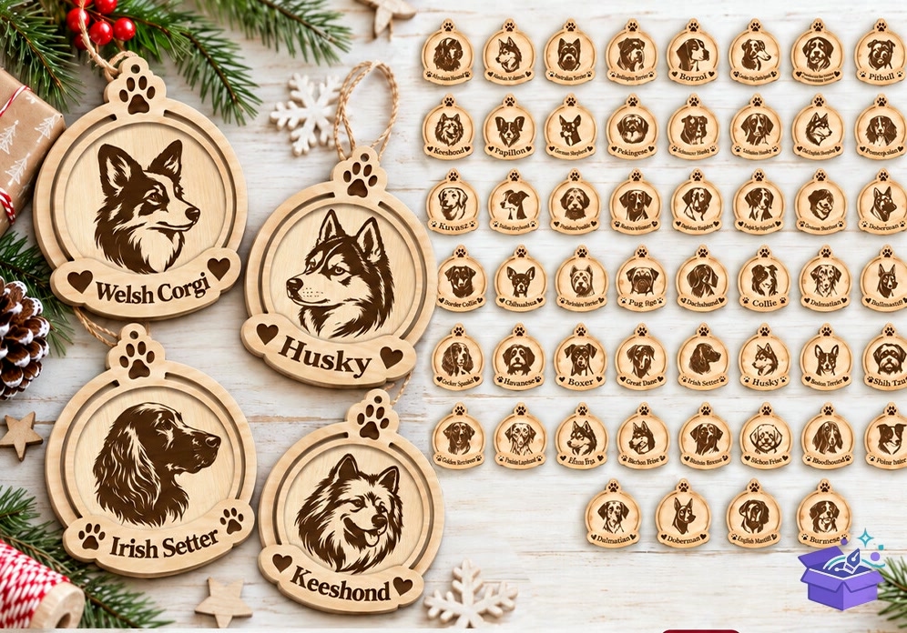 Lazer Kesim Köpek Noel Süsü Paketi - Tasarım Çizim Dosyası (SVG, DXF, EPS, PNG) - Lazer Kesim Dosyaları İndir (DXF, SVG, EPS)