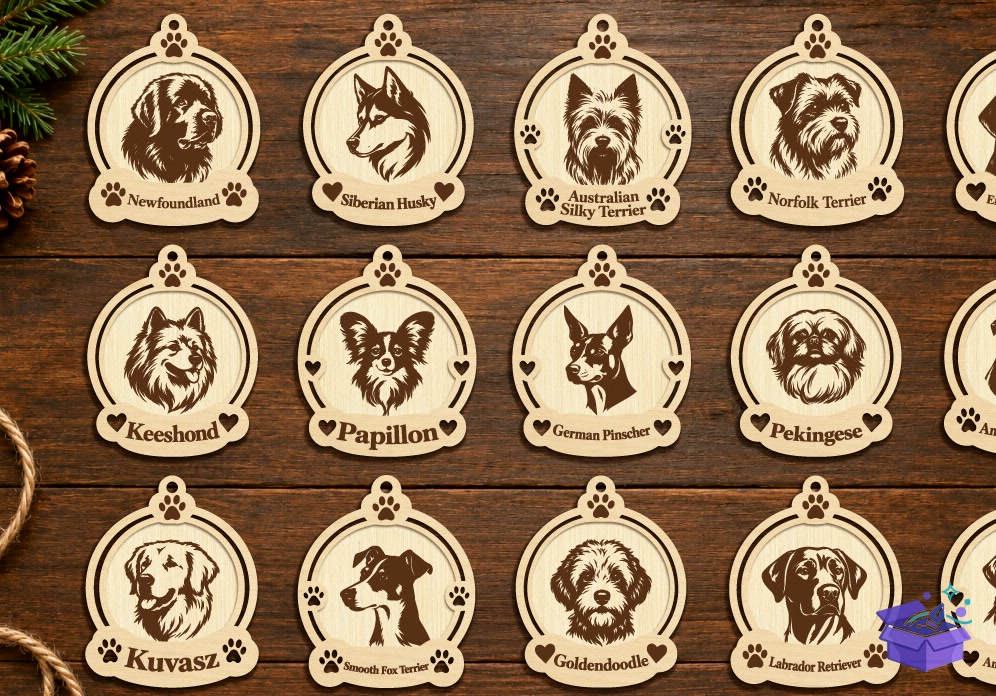 Lazer Kesim Köpek Noel Süsü Paketi - Tasarım Çizim Dosyası (SVG, DXF, EPS, PNG) önizleme 3
