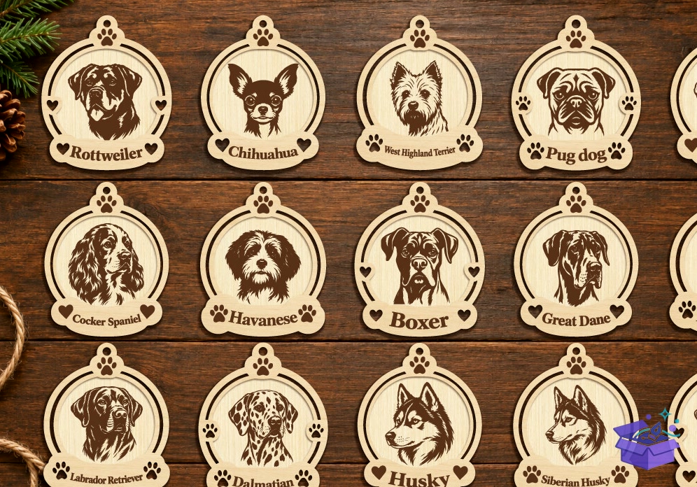 Lazer Kesim Köpek Noel Süsü Paketi - Tasarım Çizim Dosyası (SVG, DXF, EPS, PNG) önizleme 4