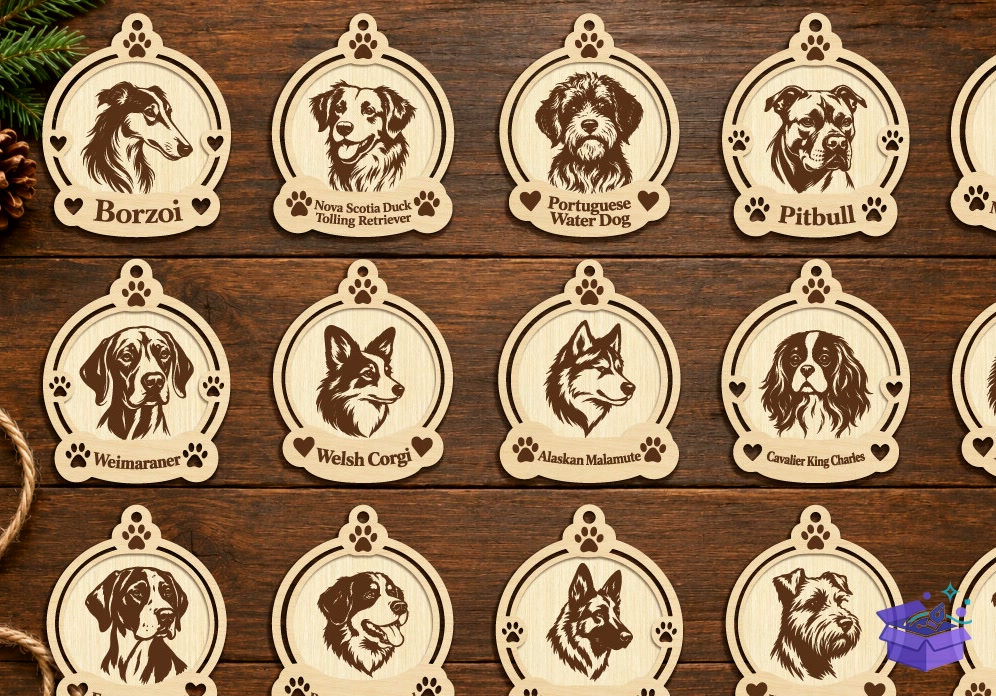 Lazer Kesim Köpek Noel Süsü Paketi - Tasarım Çizim Dosyası (SVG, DXF, EPS, PNG) önizleme 5