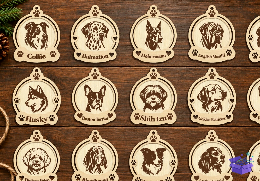 Lazer Kesim Köpek Noel Süsü Paketi - Tasarım Çizim Dosyası (SVG, DXF, EPS, PNG) önizleme 6