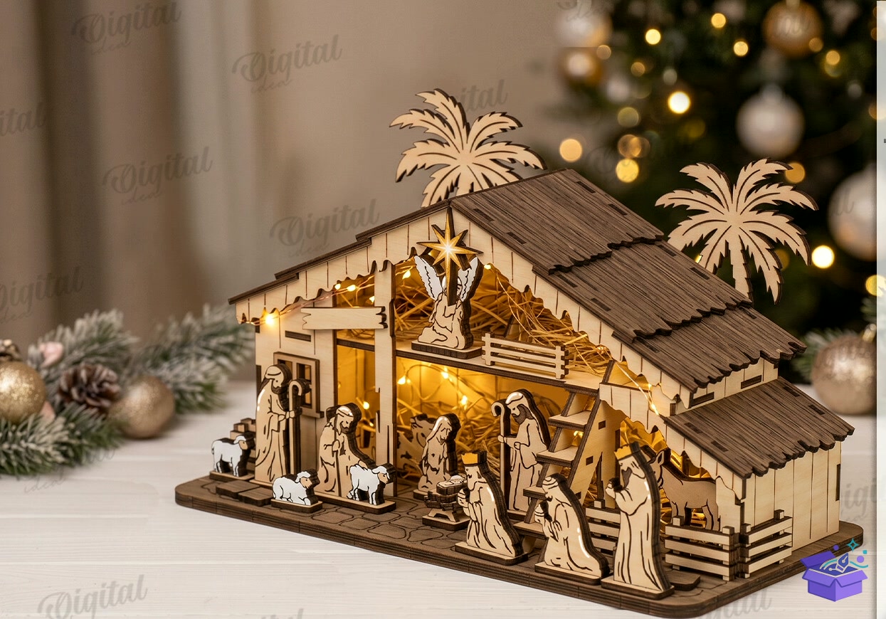3D Lazer Kesim Noel Sahnesi Standı - Tasarım Çizim Dosyası (SVG, DXF, EPS, PNG) önizleme 3