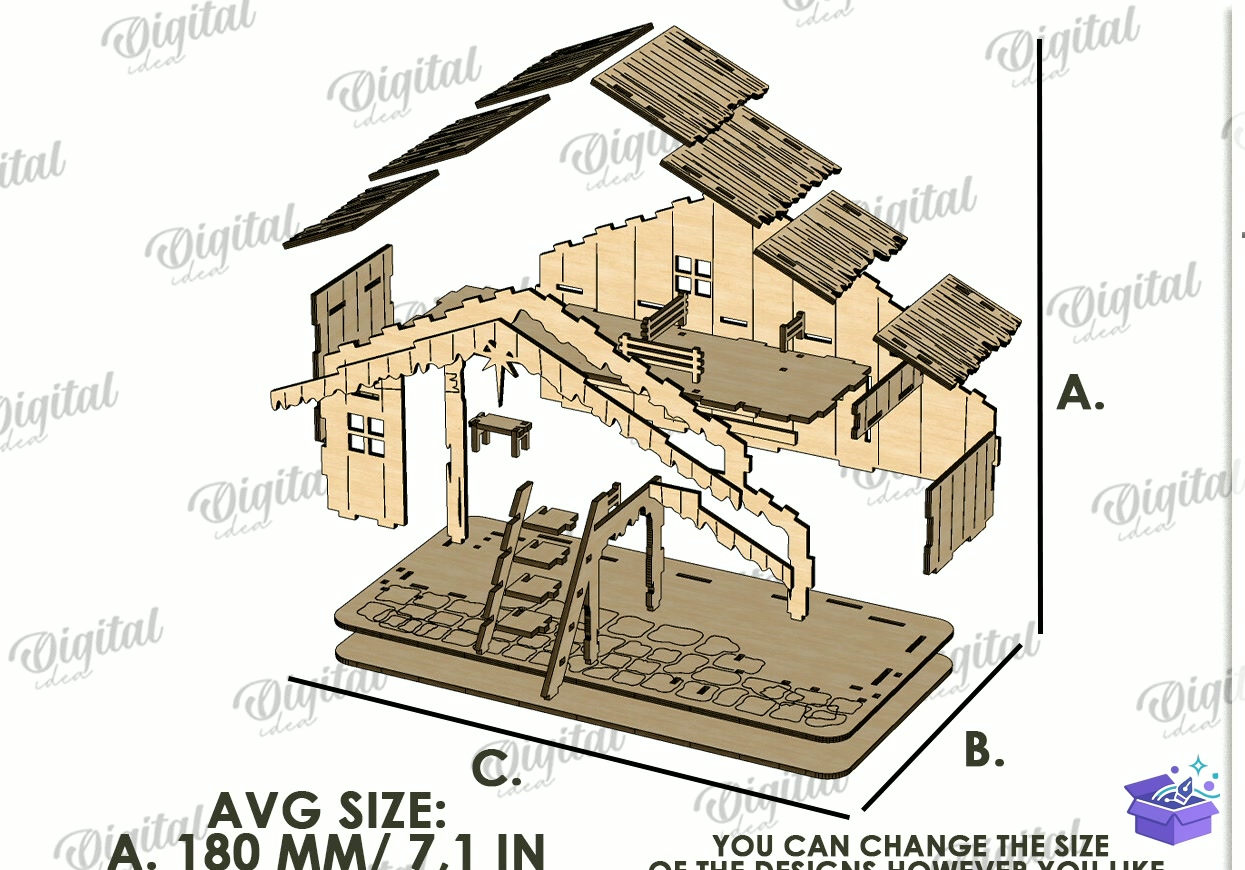 3D Lazer Kesim Noel Sahnesi Standı - Tasarım Çizim Dosyası (SVG, DXF, EPS, PNG) önizleme 5