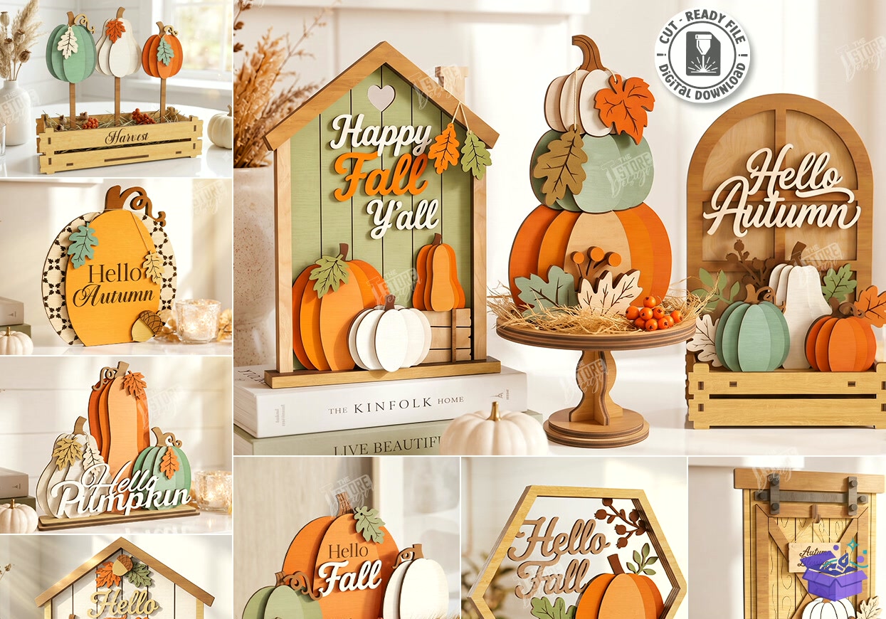 Fall Pumpkins Décor Lazer Kesim - Tasarım Çizim Dosyası (SVG, DXF, EPS, PNG) - Lazer Kesim Dosyaları İndir (STL, 3MF, DXF)