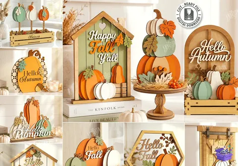 Fall Pumpkins Décor Lazer Kesim - Tasarım Çizim Dosyası (SVG, DXF, EPS, PNG) - Lazer Kesim Dosyaları İndir (STL, 3MF, DXF)