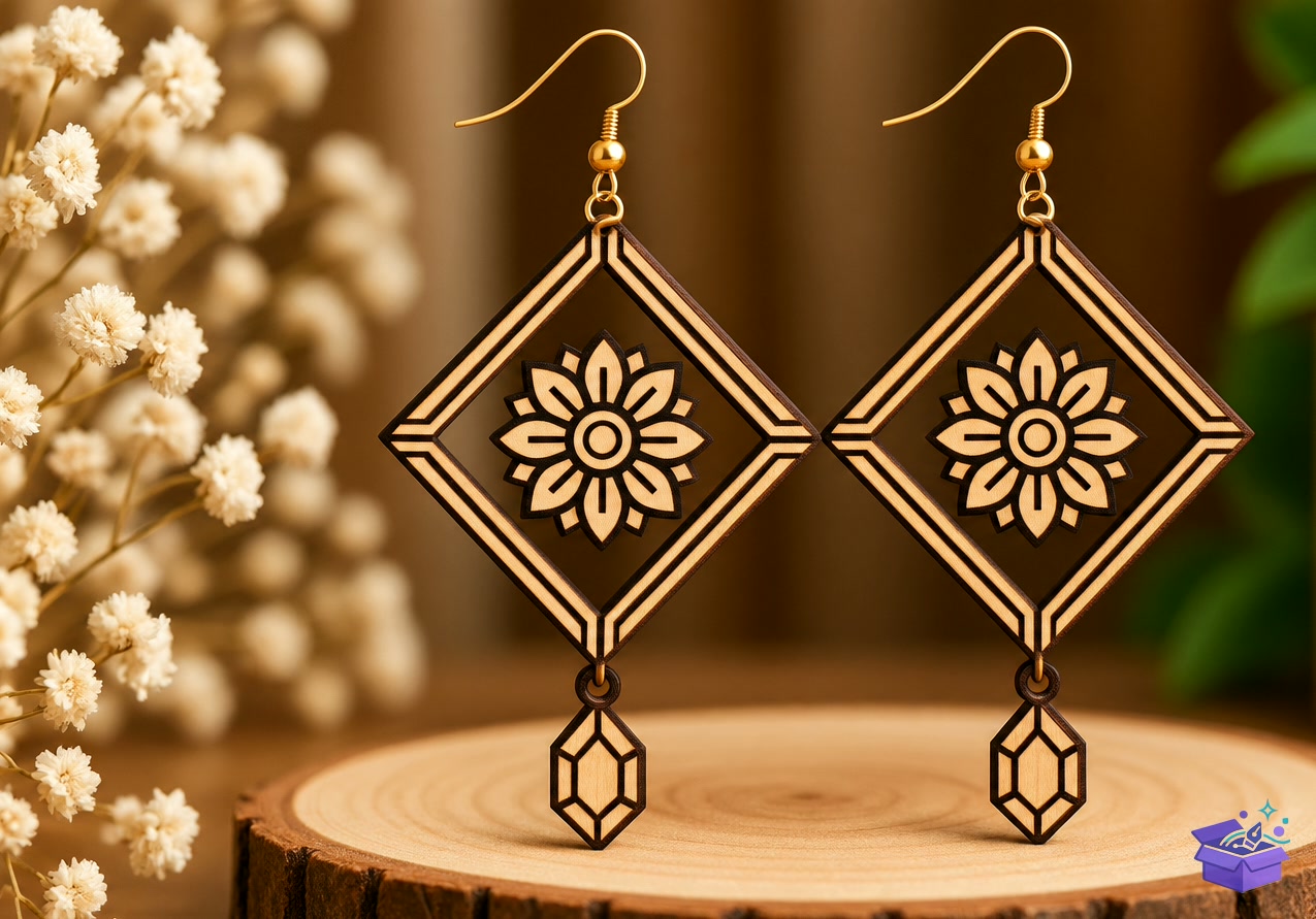 Geometric Floral Diamond Küpe - Tasarım Çizim Dosyası (SVG, DXF, EPS, PNG) - Lazer Kesim Dosyaları İndir (DXF, SVG, EPS)
