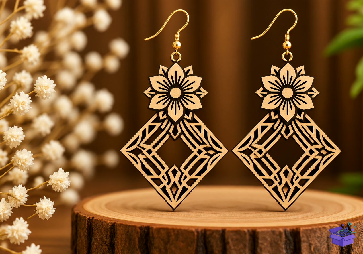 Floral Diamond Küpe Lazer Kesim - Tasarım Çizim Dosyası (SVG, DXF, EPS, PNG) önizleme 3