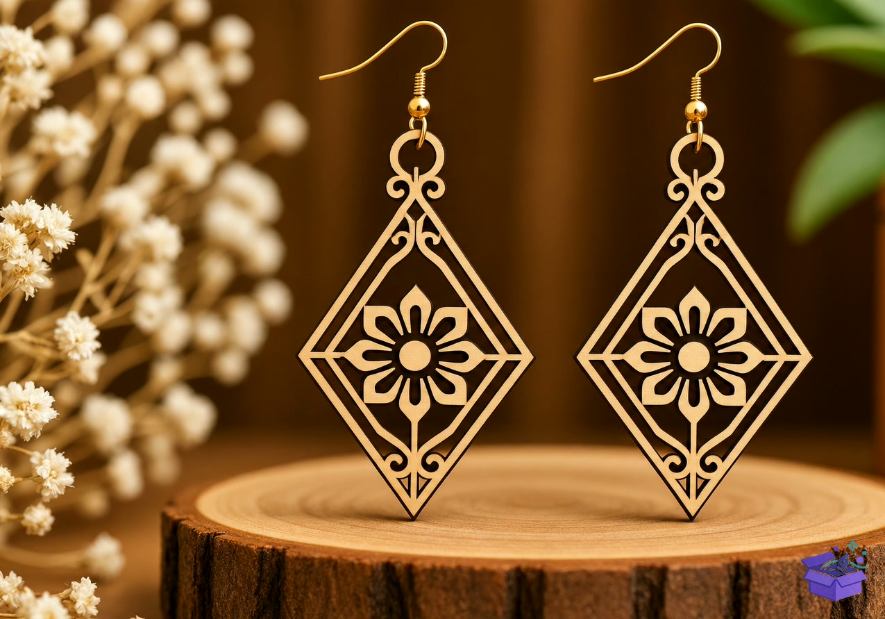 Ornate Floral Diamond Küpe Lazer Kesim - Tasarım Çizim Dosyası (SVG, DXF, EPS, PNG) önizleme 3
