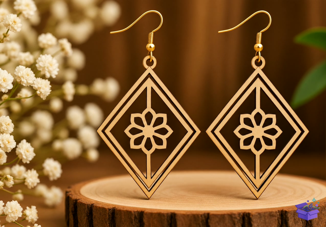 Floral Diamond Küpe Lazer Kesim - Tasarım Çizim Dosyası (SVG, DXF, EPS, PNG) önizleme 3