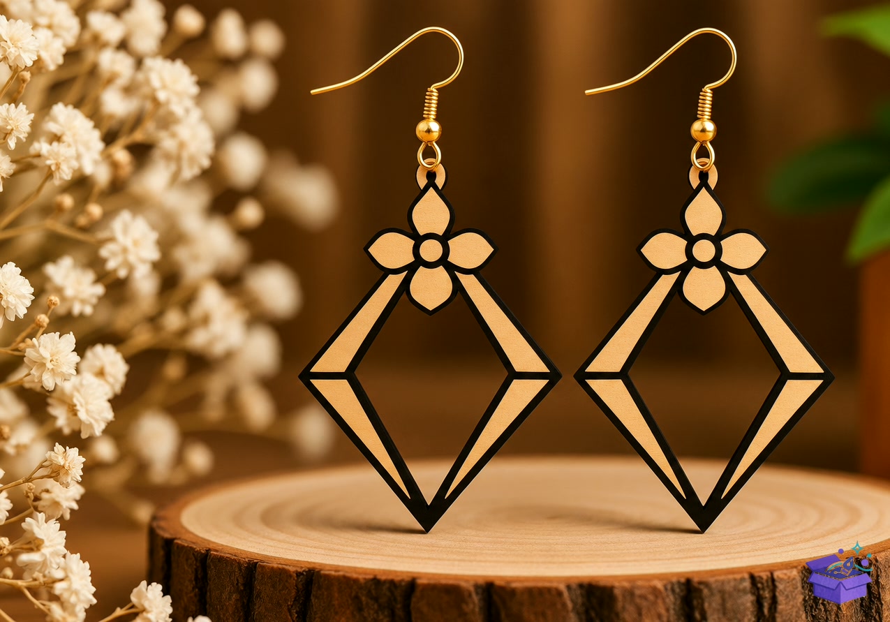 Floral Diamond Küpe Lazer Kesim - Tasarım Çizim Dosyası (SVG, DXF, EPS, PNG) önizleme 3