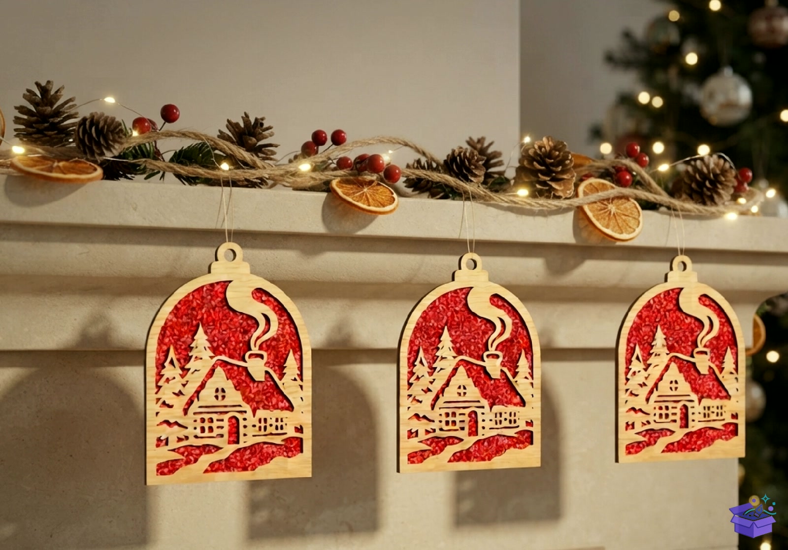 Santa Cabin Yılbaşı Ağaç Süsü SVG - Tasarım Çizim Dosyası (SVG, DXF, EPS, PNG) önizleme 3