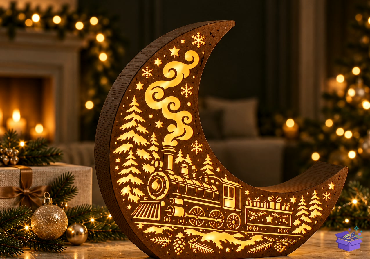 Yılbaşı Express Moon Fener Train And Sleigh Lazer Kesim Design - Tasarım Çizim Dosyası (SVG, DXF, EPS, PNG) - Lazer Kesim Dosyaları İndir (DXF, SVG, AI)