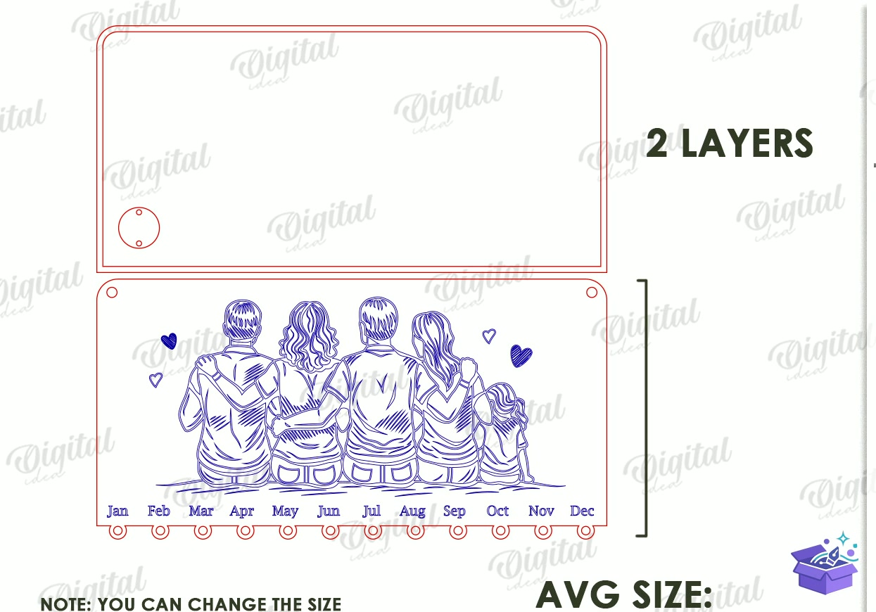 Family Doğum Günü Calendars Laser - Tasarım Çizim Dosyası (SVG, DXF, EPS, PNG) önizleme 3
