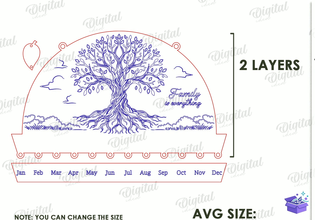 Family Doğum Günü Calendars Laser - Tasarım Çizim Dosyası (SVG, DXF, EPS, PNG) önizleme 5