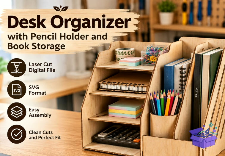 Masaüstü Düzenleyici With Pencil Tutucu Book - Tasarım Çizim Dosyası (SVG, DXF, EPS, PNG) - Lazer Kesim Dosyaları İndir (DXF, SVG, EPS)