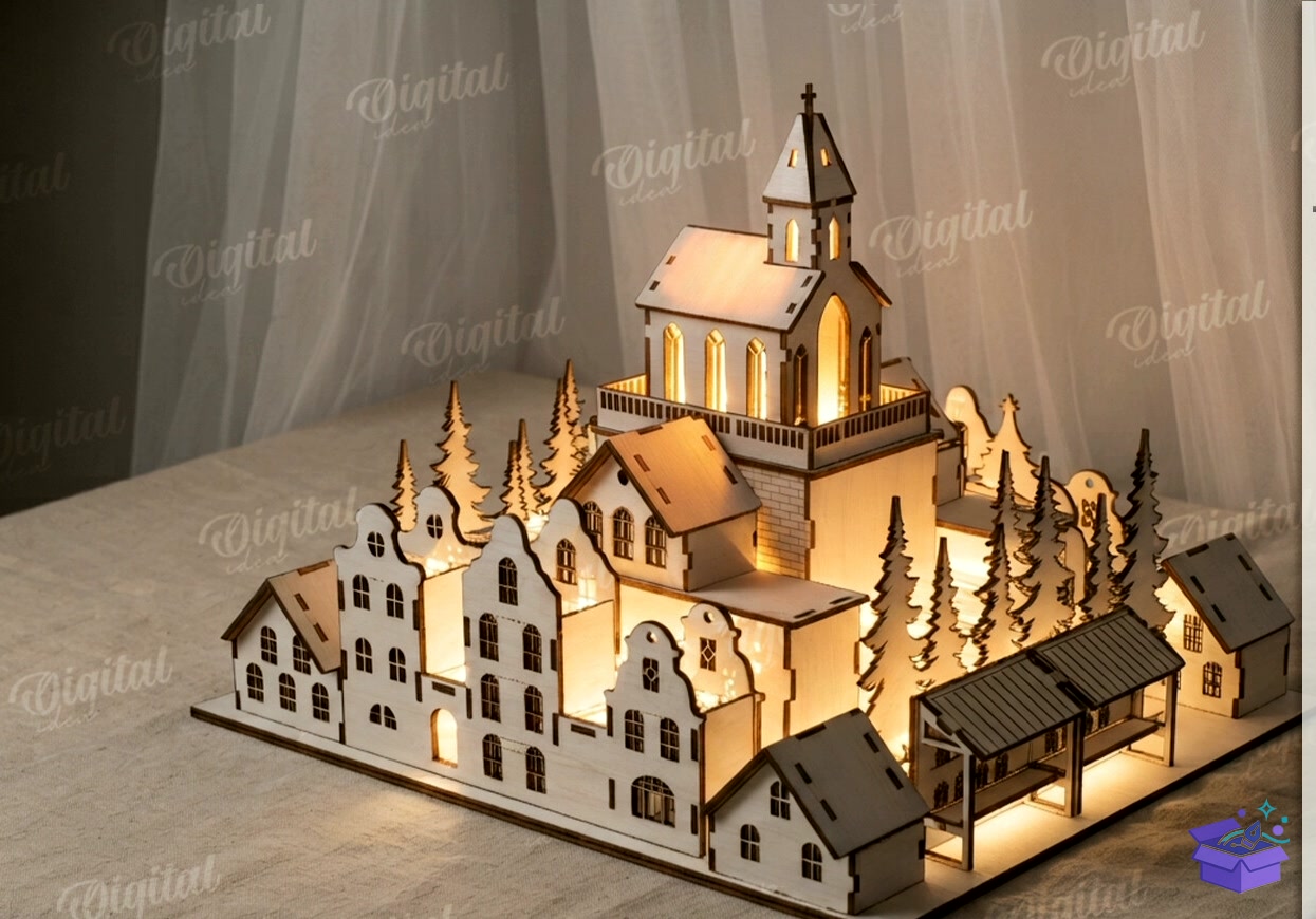 Yılbaşı Village Light Stand Lazer Kesim - Tasarım Çizim Dosyası (SVG, DXF, EPS, PNG) - Lazer Kesim Dosyaları İndir (STL, 3MF, DXF)