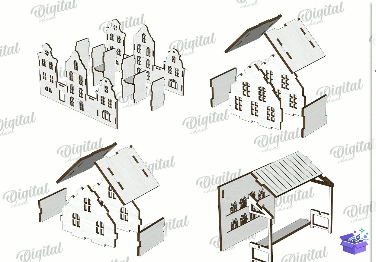 Yılbaşı Village Light Stand Lazer Kesim - Tasarım Çizim Dosyası (SVG, DXF, EPS, PNG) önizleme 4