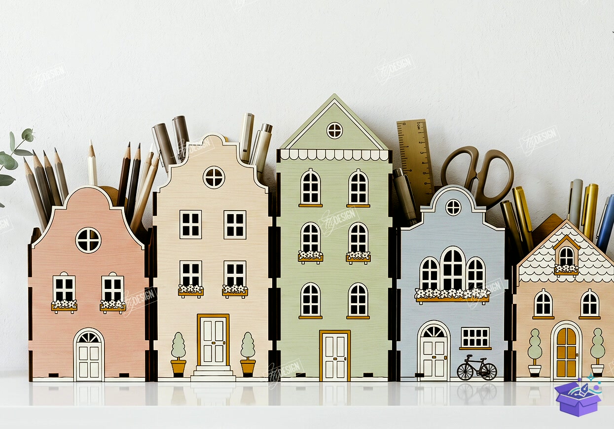 House Pencil Tutucu Lazer Kesim CNC - Tasarım Çizim Dosyası (SVG, DXF, EPS, PNG) önizleme 4