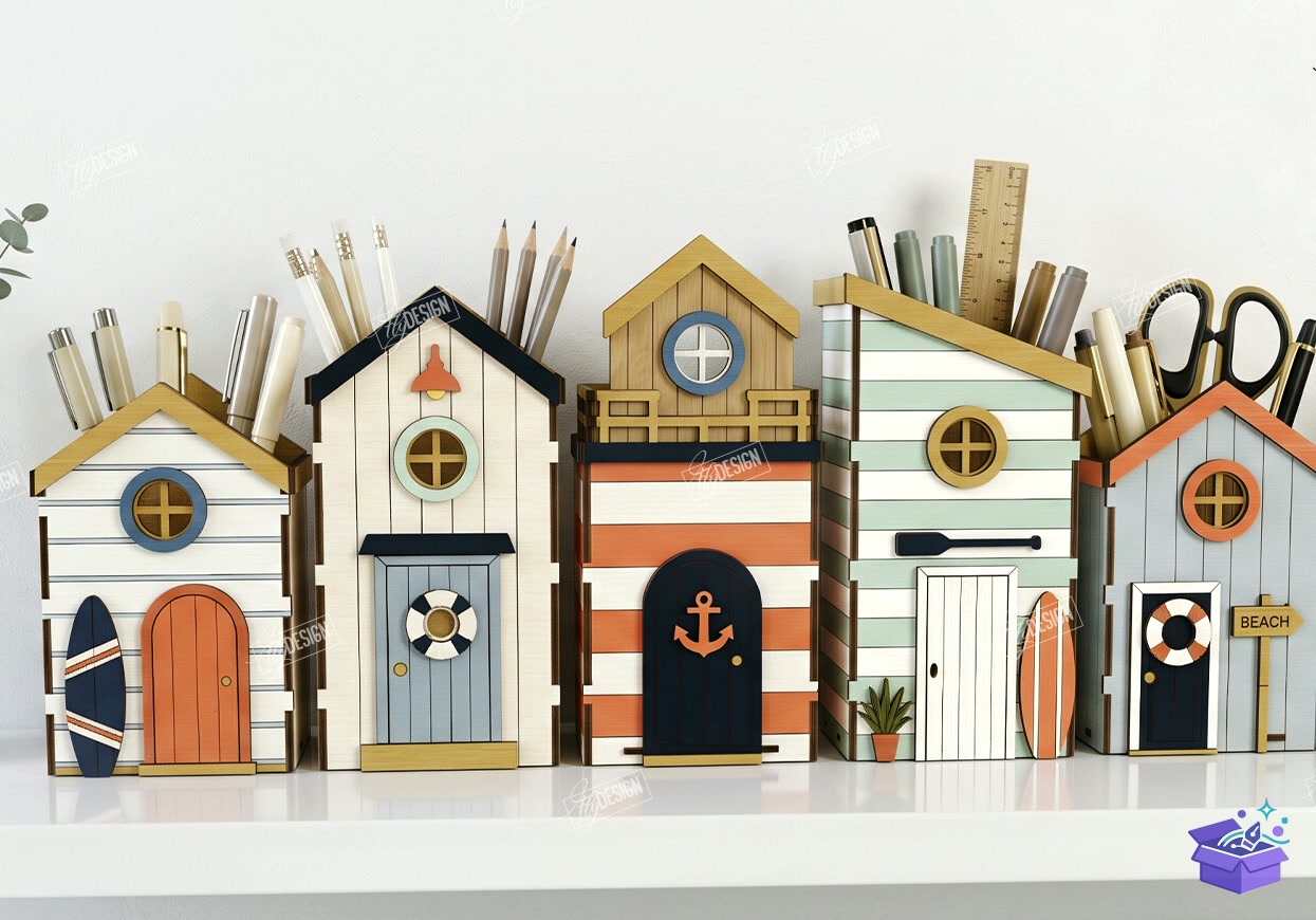 House Pencil Tutucu Lazer Kesim CNC - Tasarım Çizim Dosyası (SVG, DXF, EPS, PNG) önizleme 5