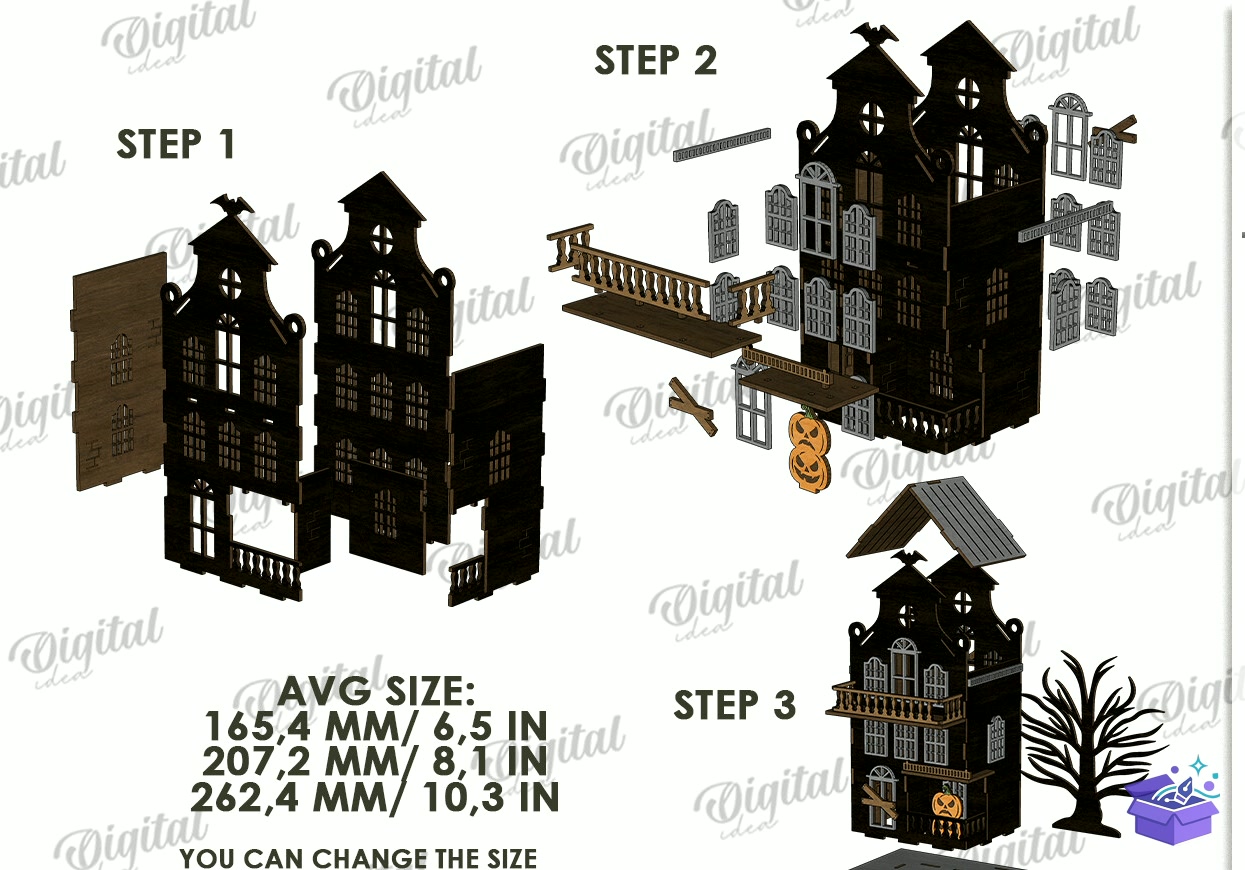 3D Cadılar Bayramı Houses Lazer Kesim - Tasarım Çizim Dosyası (SVG, DXF, EPS, PNG) önizleme 4