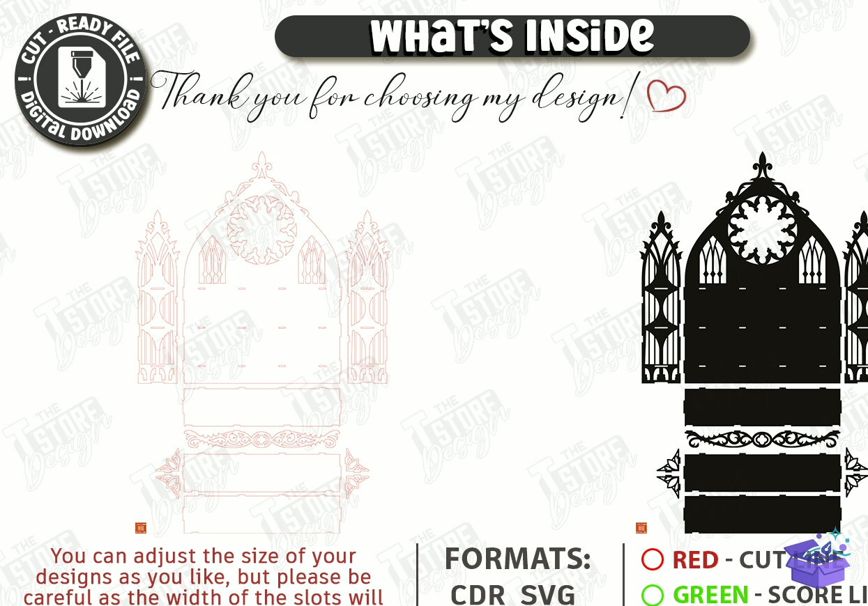 Ahşap Gothic Duvar Rafı Lazer Kesim - Tasarım Çizim Dosyası (SVG, DXF, EPS, PNG) önizleme 3