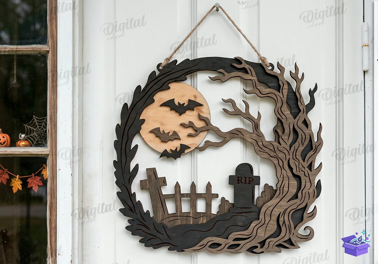 Cadılar Bayramı Wreaths Lazer Kesim - Tasarım Çizim Dosyası (SVG, DXF, EPS, PNG) önizleme 6
