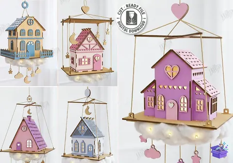 House İn Clouds Mobile Lazer Kesim - Tasarım Çizim Dosyası (SVG, DXF, EPS, PNG) - Lazer Kesim Dosyaları İndir (STL, 3MF, DXF)