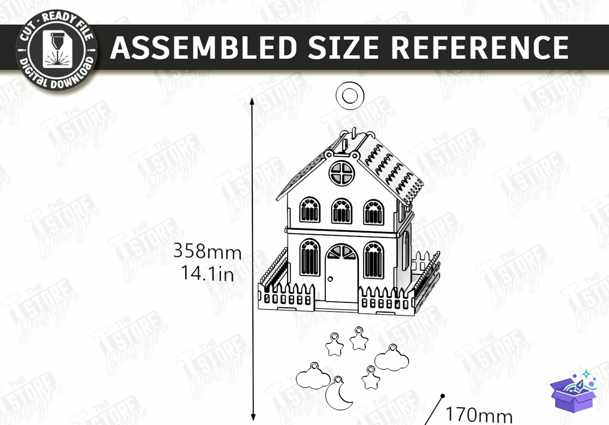 House İn Clouds Mobile Lazer Kesim - Tasarım Çizim Dosyası (SVG, DXF, EPS, PNG) önizleme 2