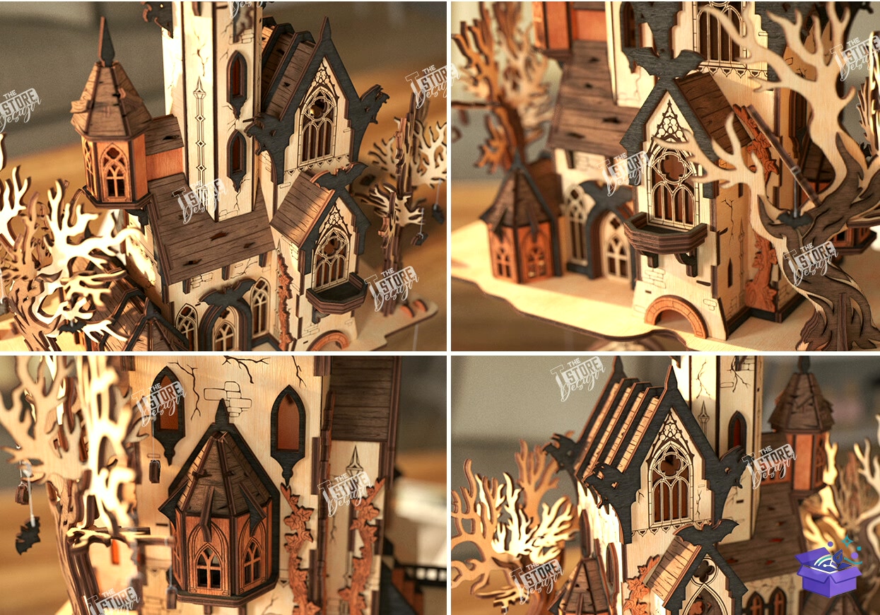3D Cadılar Bayramı Flying Castle Lazer Kesim - Tasarım Çizim Dosyası (SVG, DXF, EPS, PNG) önizleme 3