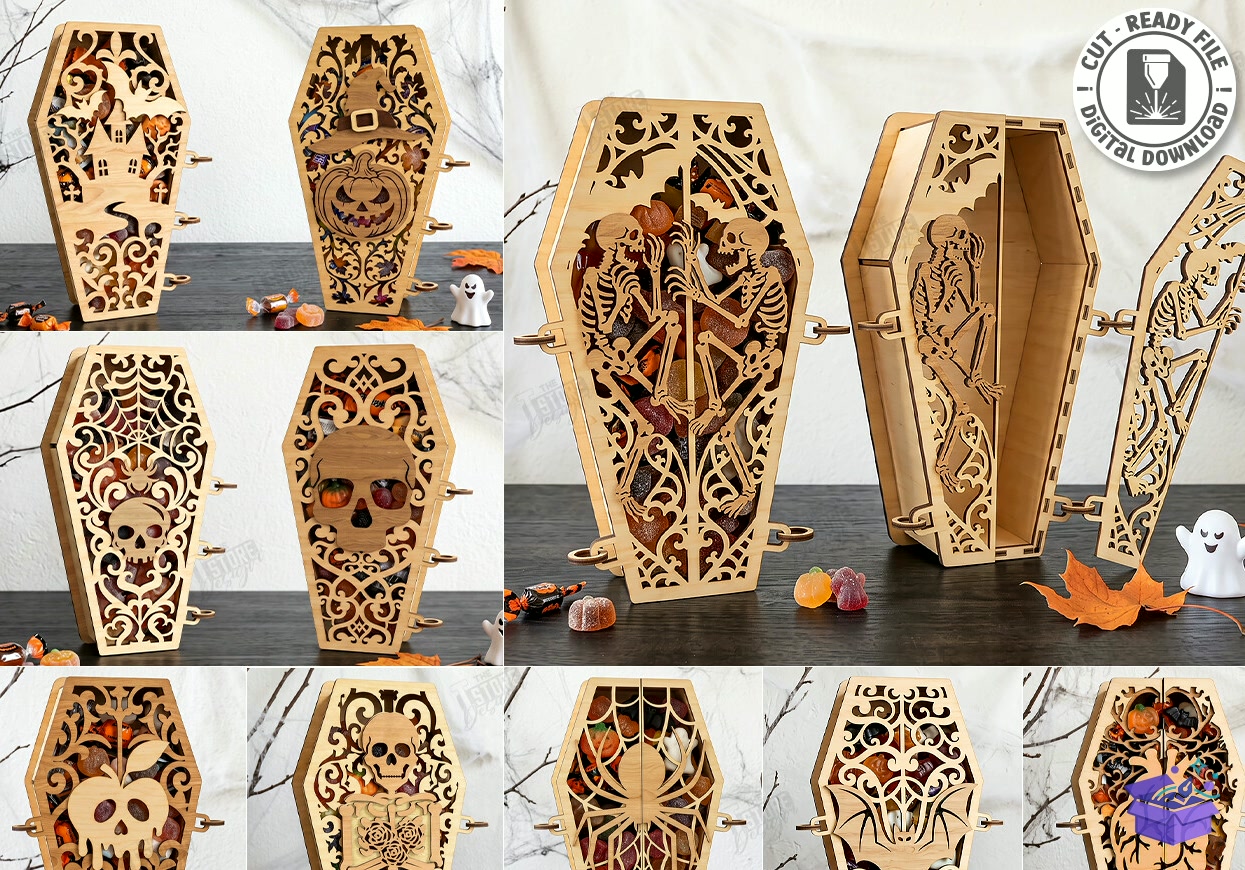 Cadılar Bayramı Coffin Candy Kutu Lazer Kesim - Tasarım Çizim Dosyası (SVG, DXF, EPS, PNG) önizleme 4