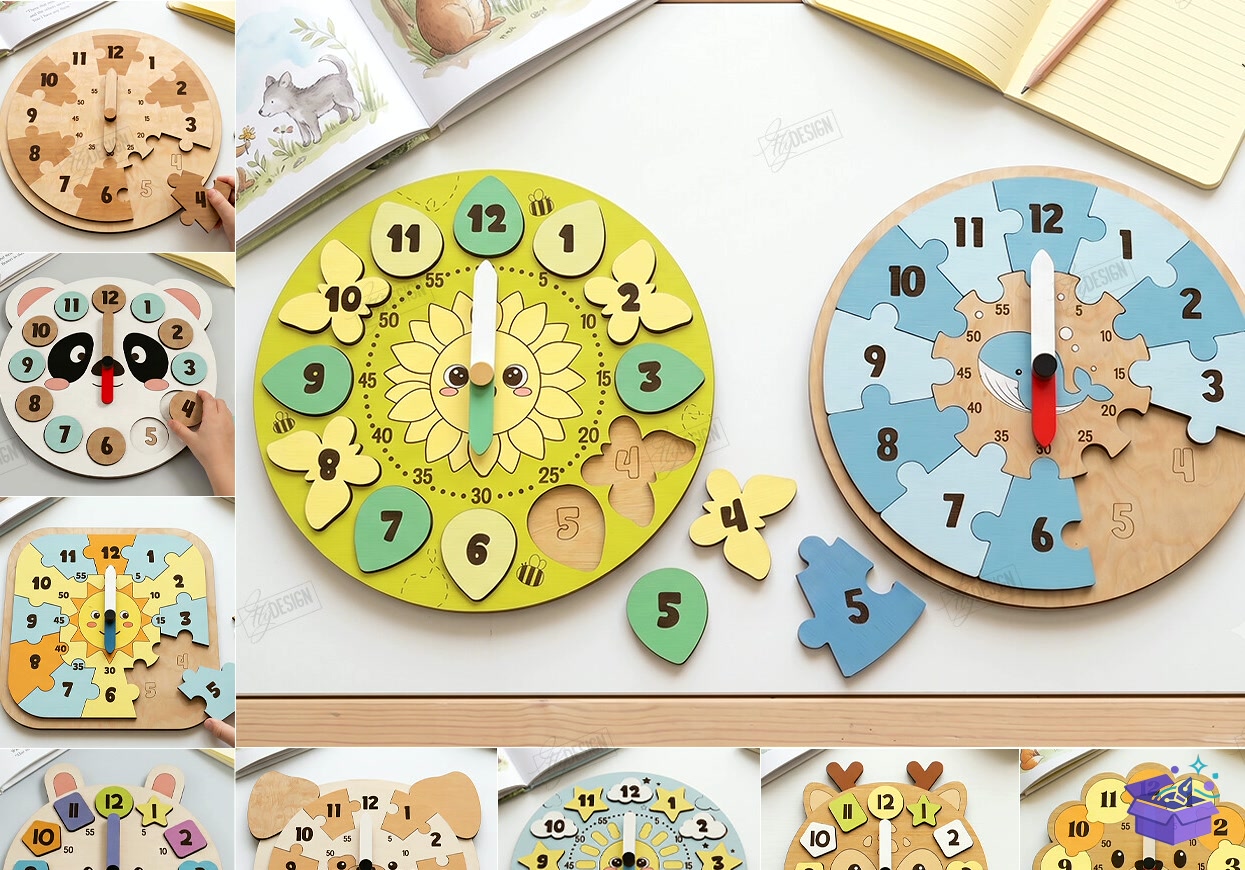 Kids Ahşap Yapboz Duvar Saati Lazer Kesim CNC - Tasarım Çizim Dosyası (SVG, DXF, EPS, PNG) önizleme 4