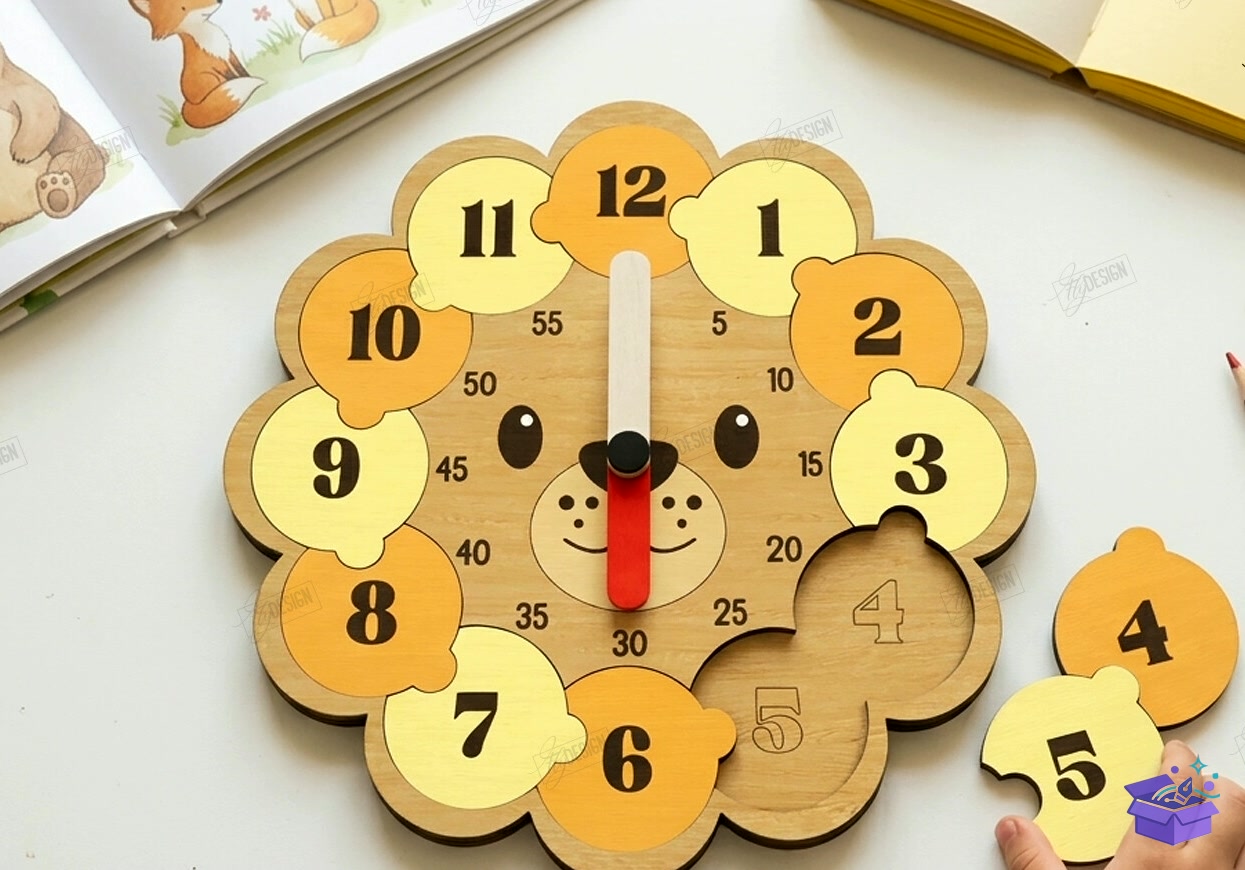 Kids Ahşap Yapboz Duvar Saati Lazer Kesim CNC - Tasarım Çizim Dosyası (SVG, DXF, EPS, PNG) önizleme 5