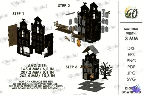 3D Cadılar Bayramı Houses Lazer Kesim - Tasarım Çizim Dosyası (SVG, DXF, EPS, PNG) - Lazer Kesim Dosyaları İndir (STL, 3MF, DXF)