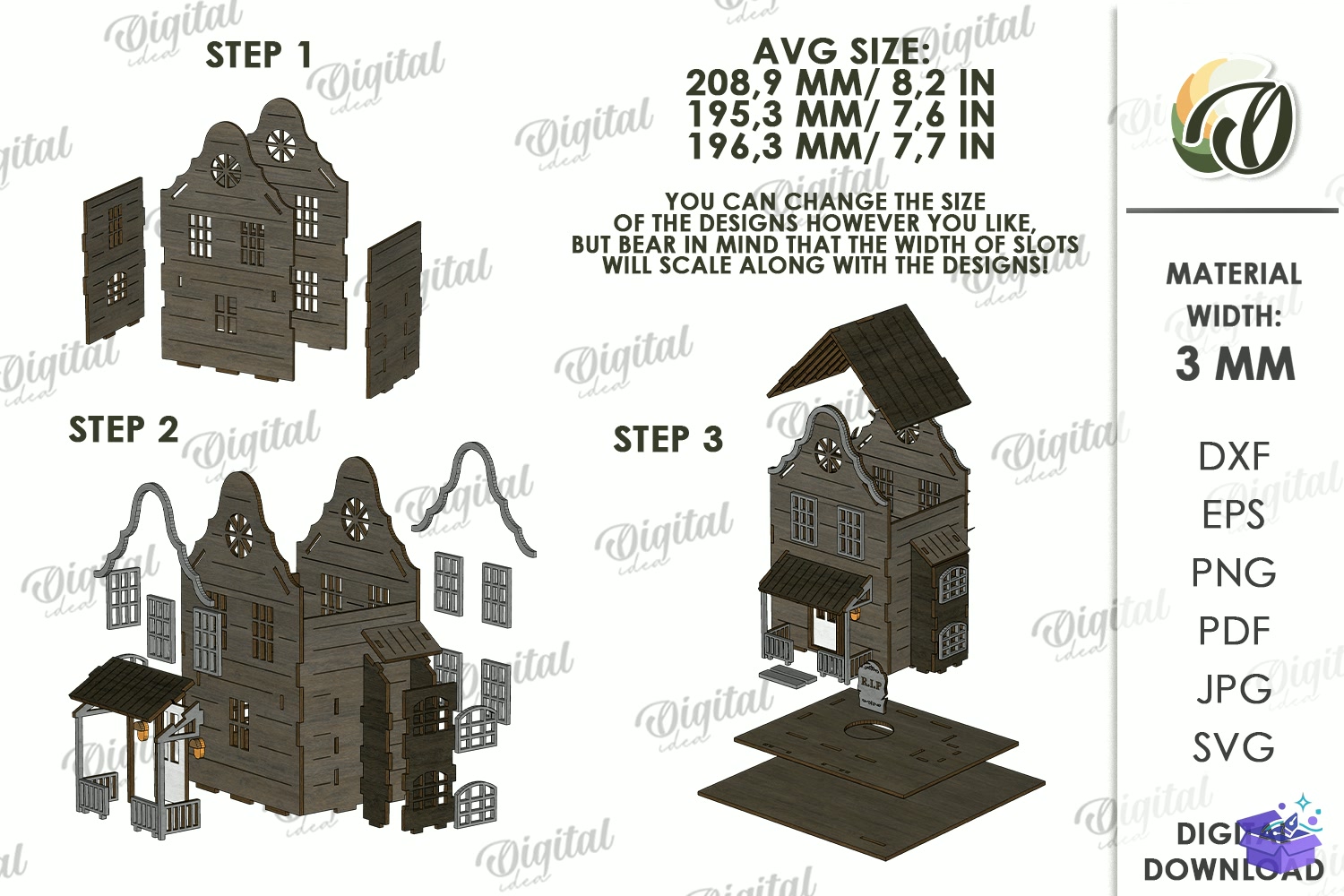 3D Cadılar Bayramı Houses Lazer Kesim - Tasarım Çizim Dosyası (SVG, DXF, EPS, PNG) önizleme 2