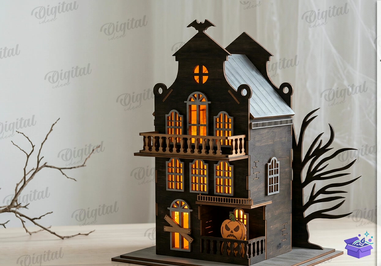 3D Cadılar Bayramı Houses Lazer Kesim - Tasarım Çizim Dosyası (SVG, DXF, EPS, PNG) önizleme 5