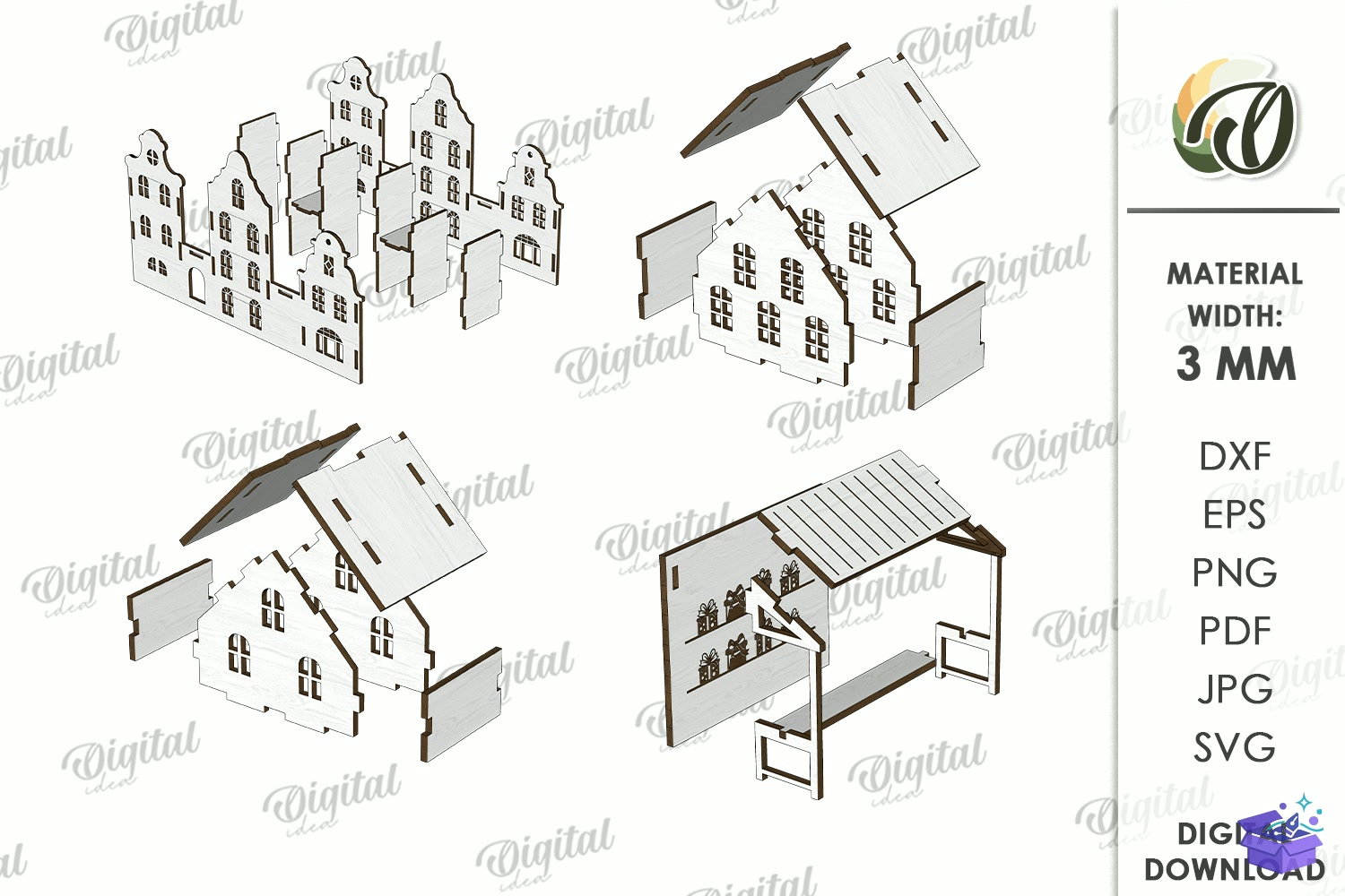 Yılbaşı Village Light Stand Lazer Kesim - Tasarım Çizim Dosyası (SVG, DXF, EPS, PNG) önizleme 2